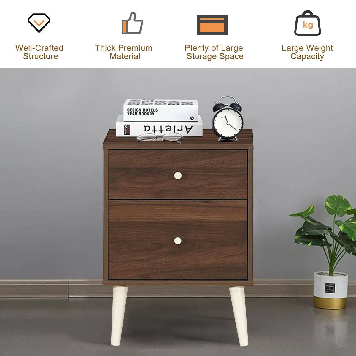 2-Drawer Nightstand Beside End Side Table with Rubber Legs by DirectDeals