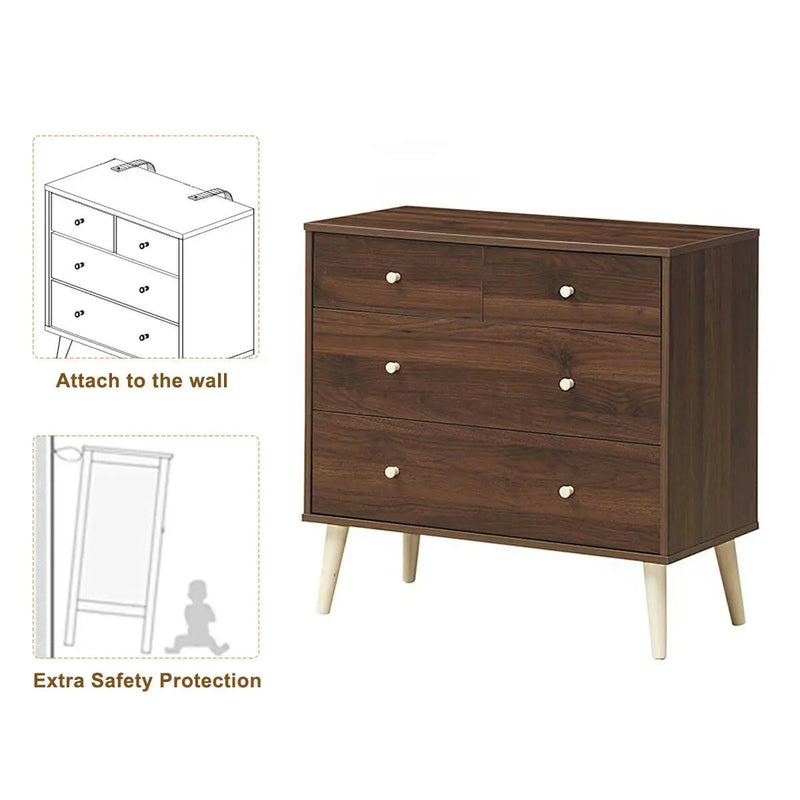 4-Drawer Dresser Cabinet Storage Organizer Rubber Leg with Rail-Brown by DirectDeals