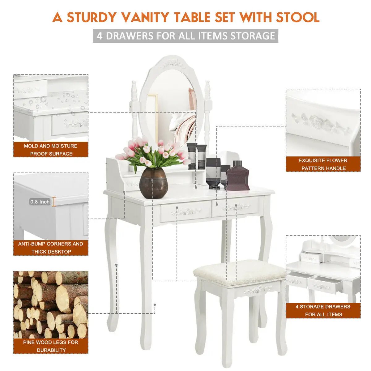 Wood Vanity Table Set with Oval Mirror and 4 Drawers for Kids Girls Women-White by DirectDeals
