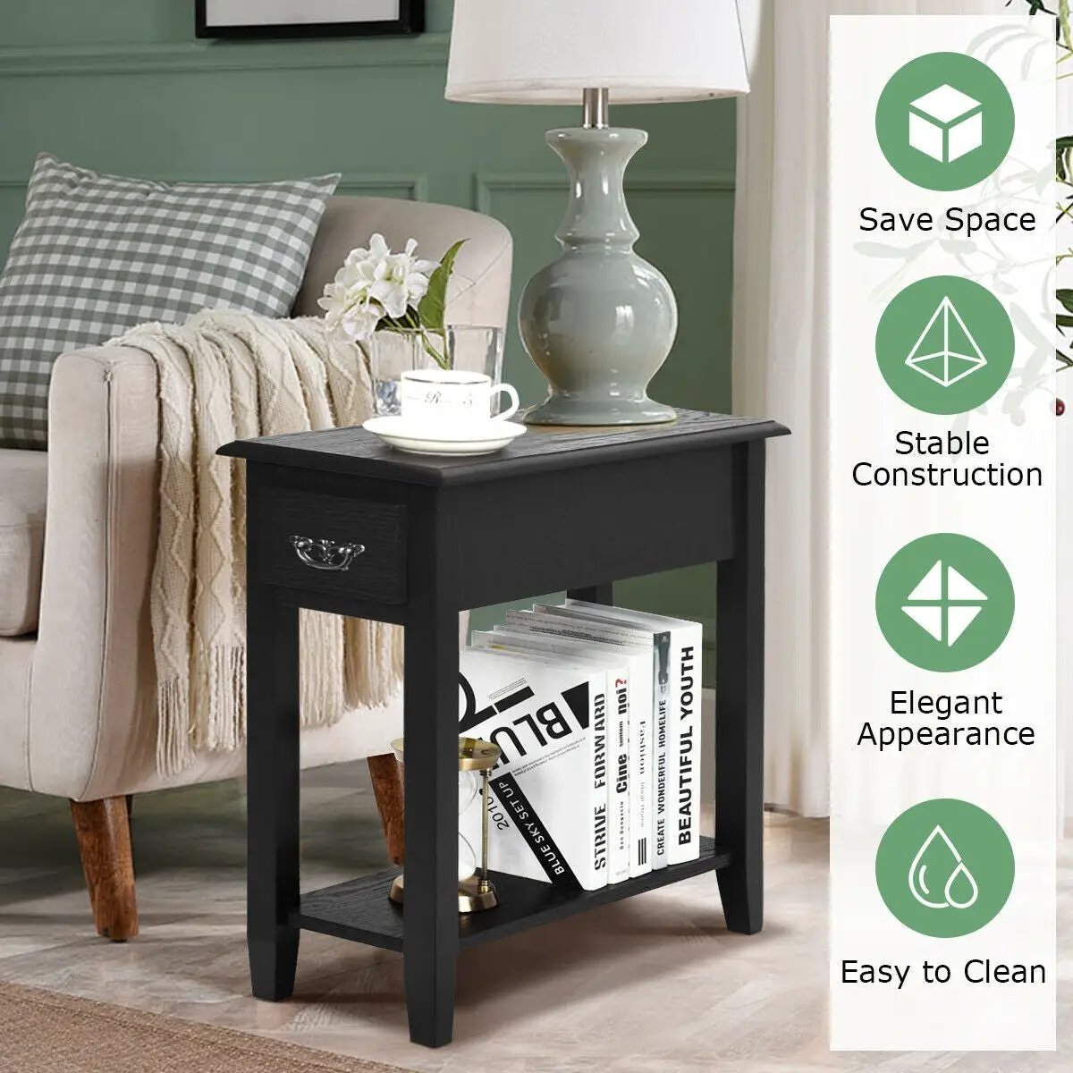 2 Pieces 2 Tier Sofa Side End Table with Drawer and Open Shelf by DirectDeals