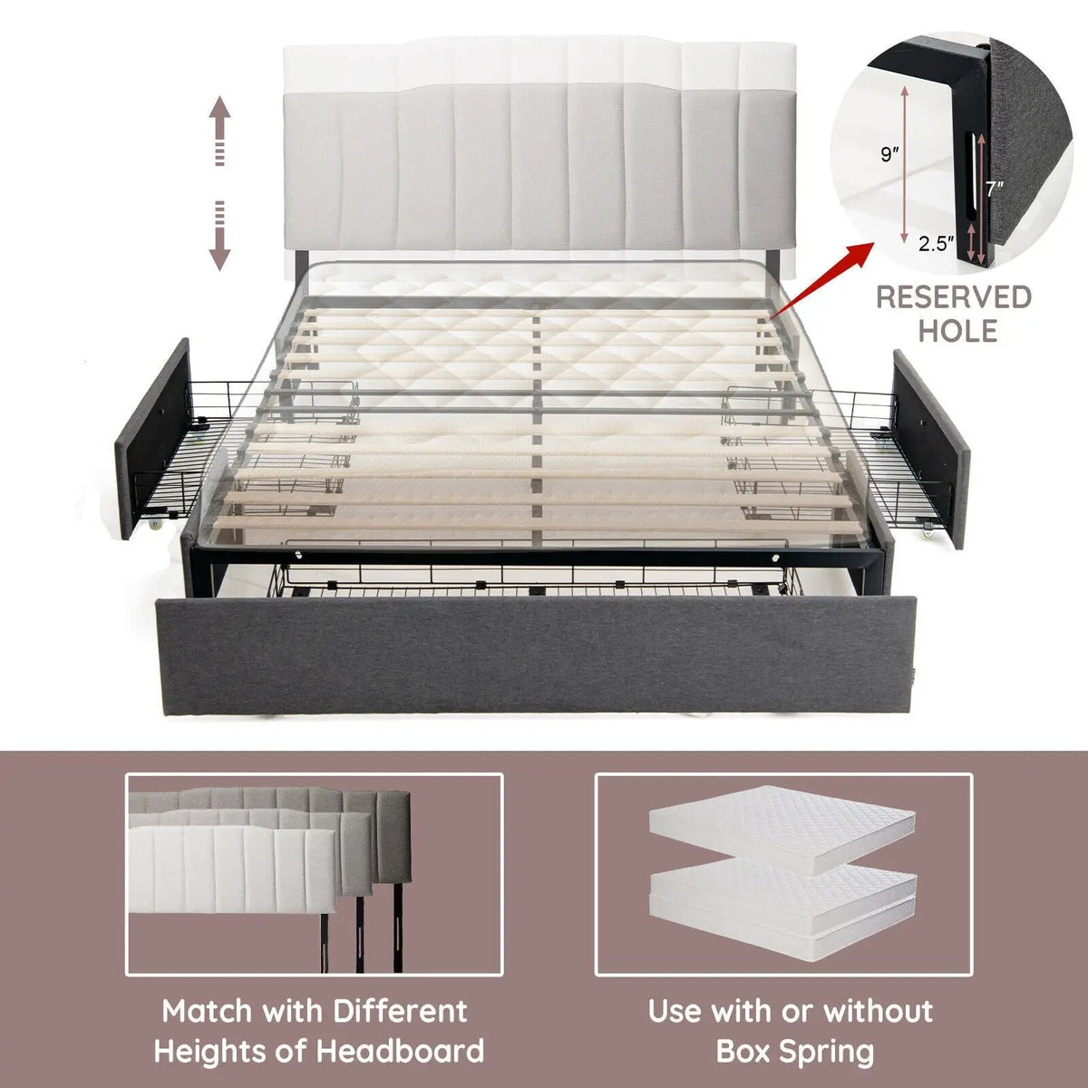 Upholstered Platform Bed Frame with 3 Storage Drawers by DirectDeals