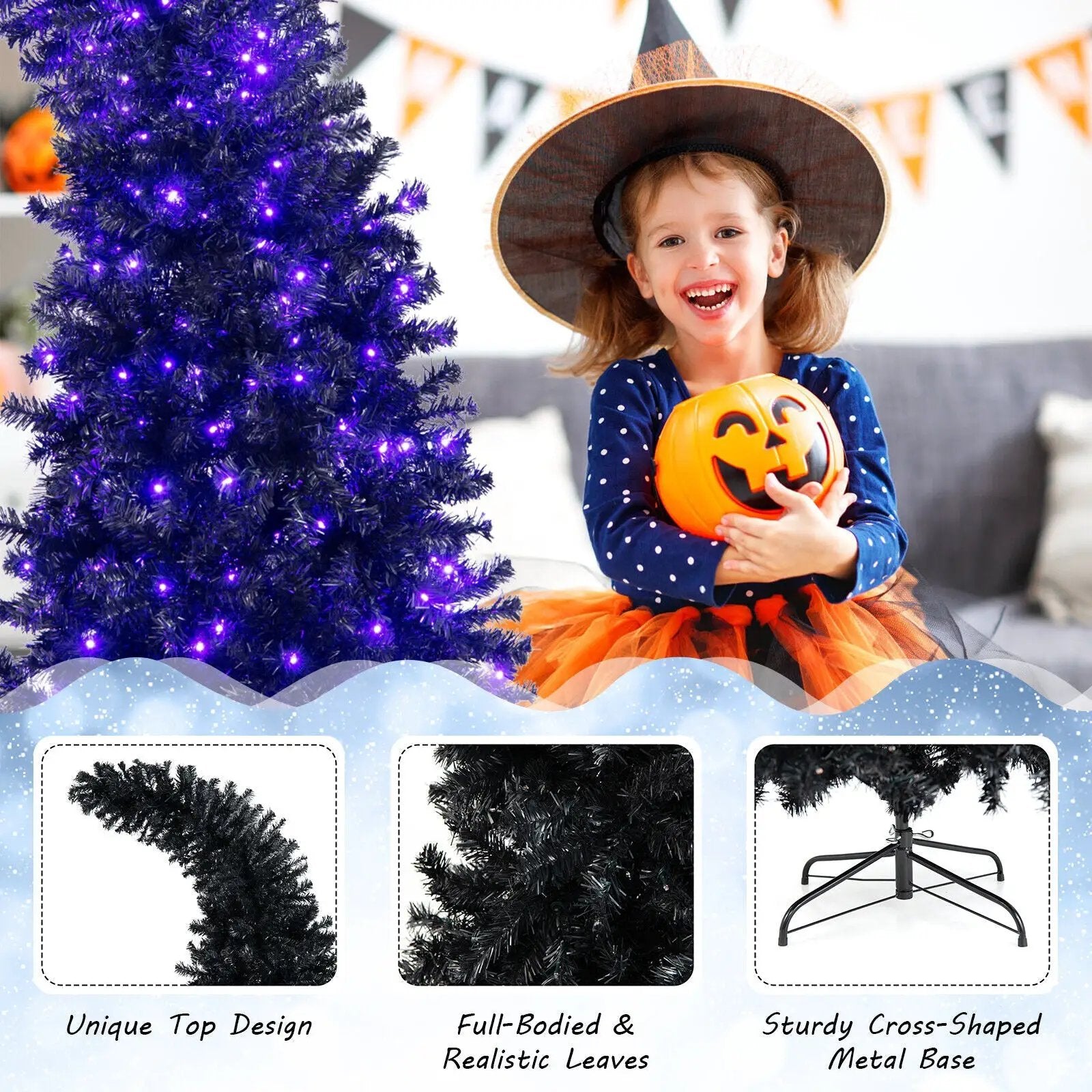 7 Feet Pre-Lit Black Halloween Tree with 8 Flash Modes and 400 Lights by DirectDeals