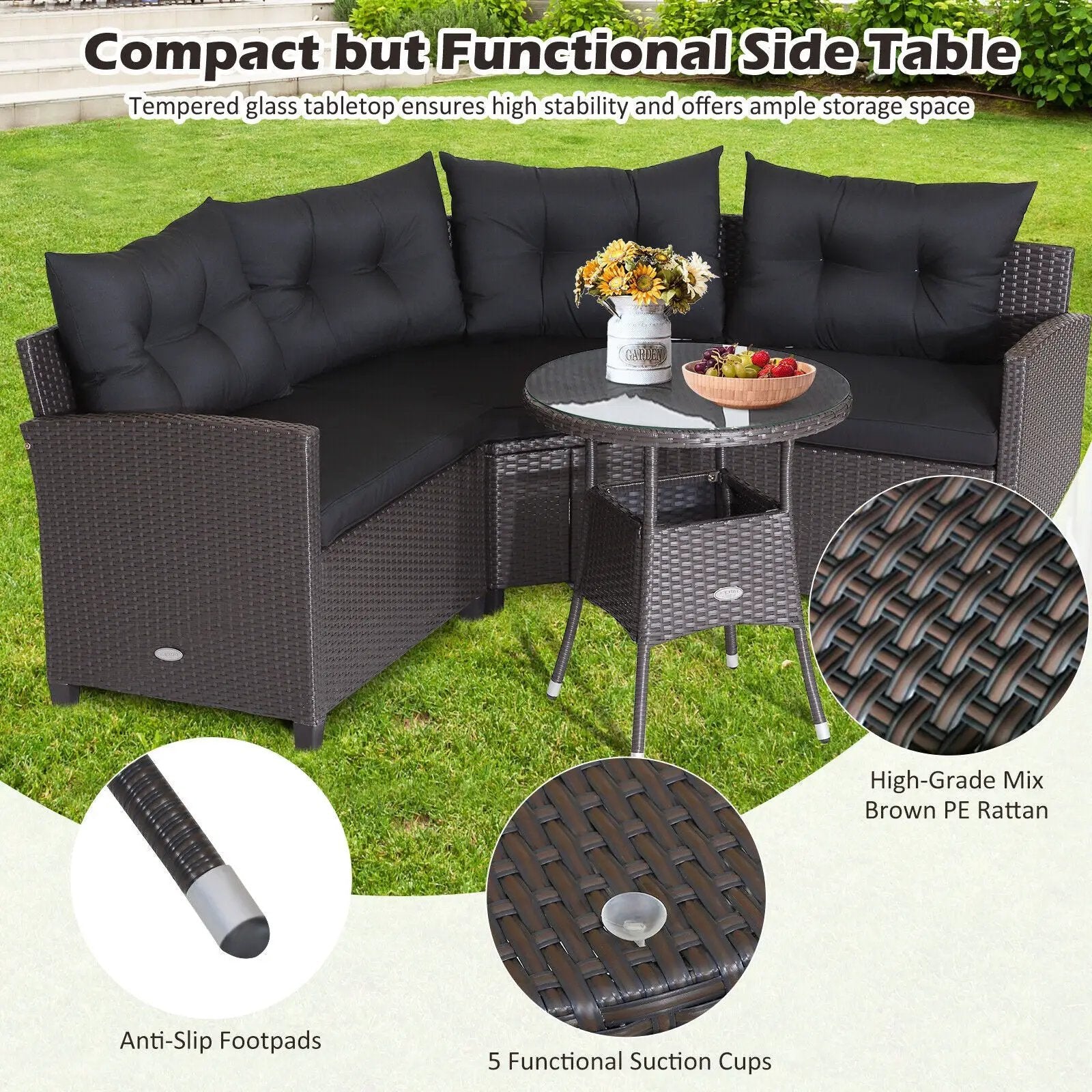 4 Pieces Patio Rattan Furniture Set Cushioned Sofa Glass Table by DirectDeals