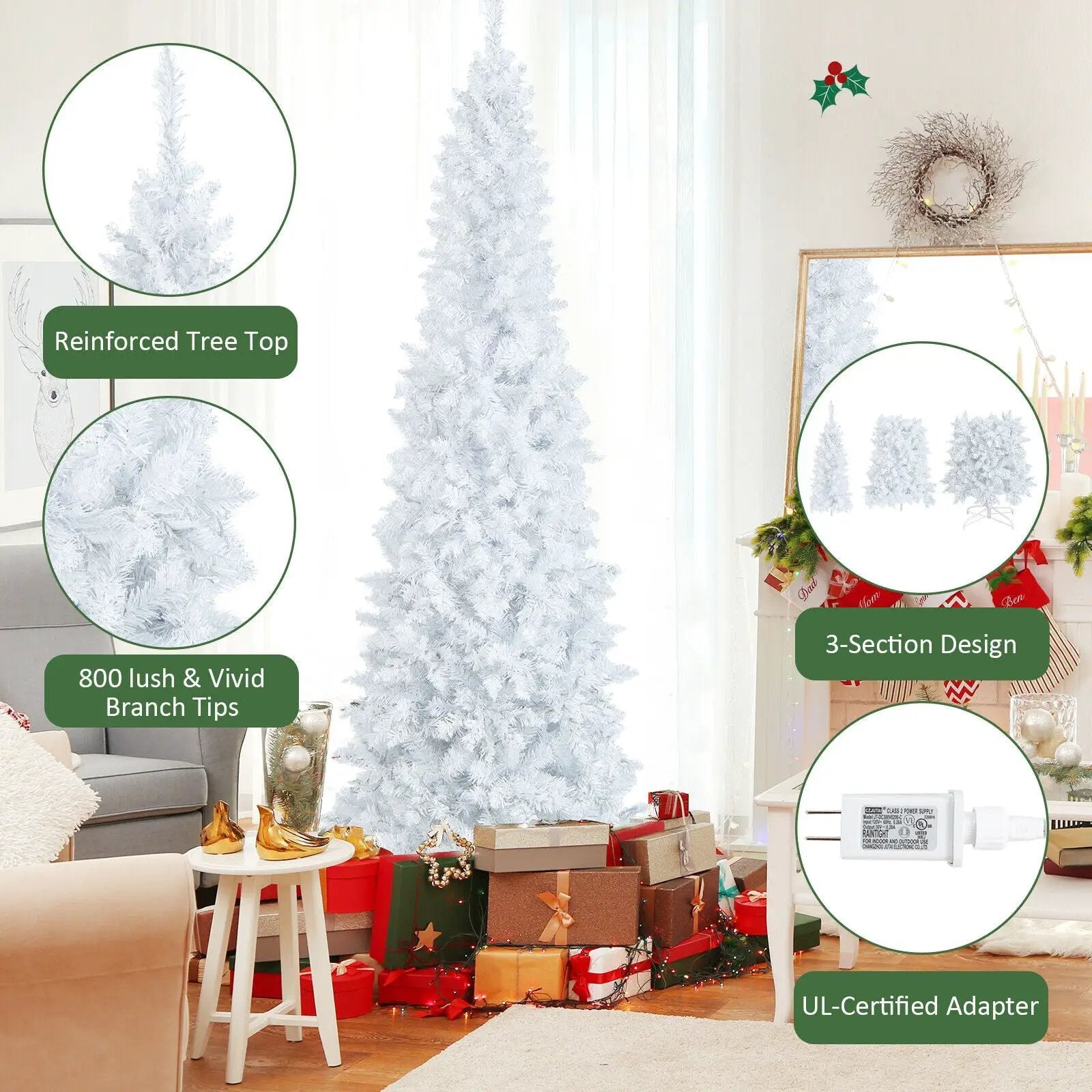 7 Feet Pre-Lit Hinged Pencil Christmas Tree White with 300 LED Lights and 8 Flash Modes by DirectDeals
