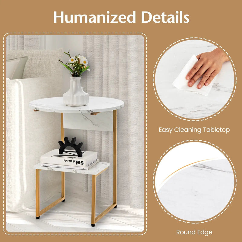 2-Tier Round End Beside Table with Metal Frame-White by DirectDeals