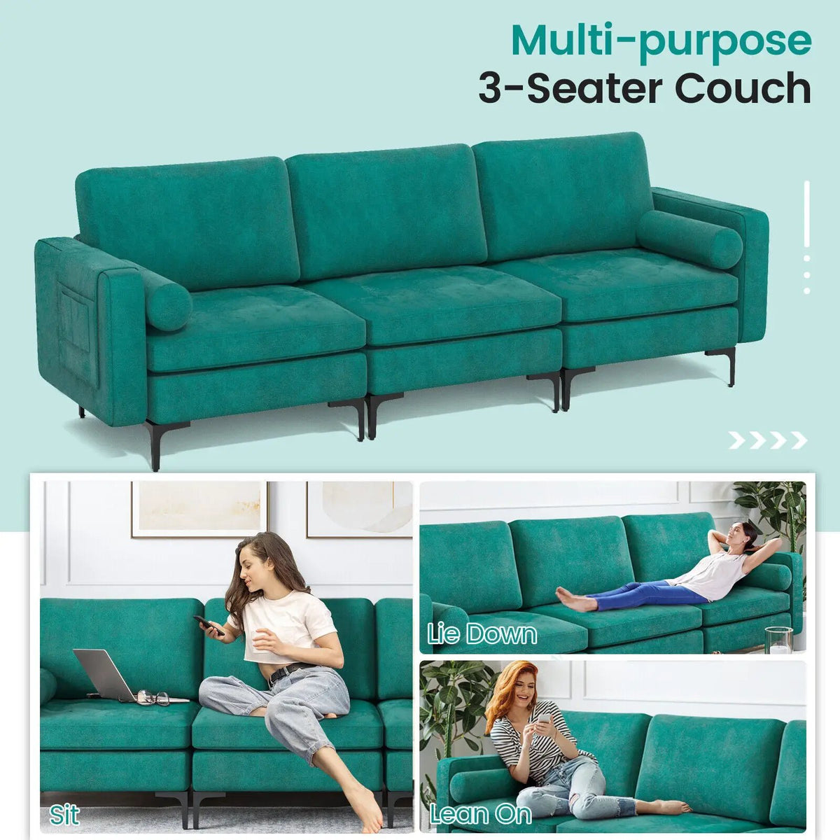 Modular 1/2/3/4-Seat L-Shaped Sectional Sofa Couch with Socket USB Port-3-Seat with USB port by DirectDeals