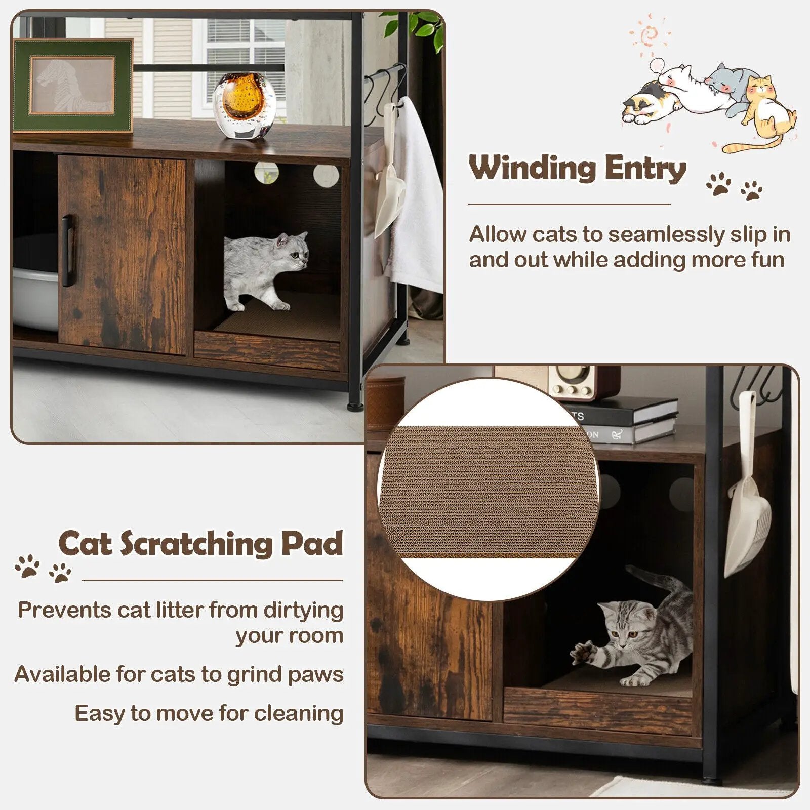 Wooden Cat Box Cabinet with with Metal Frame and Scratching Pad-Rustic Brown by DirectDeals