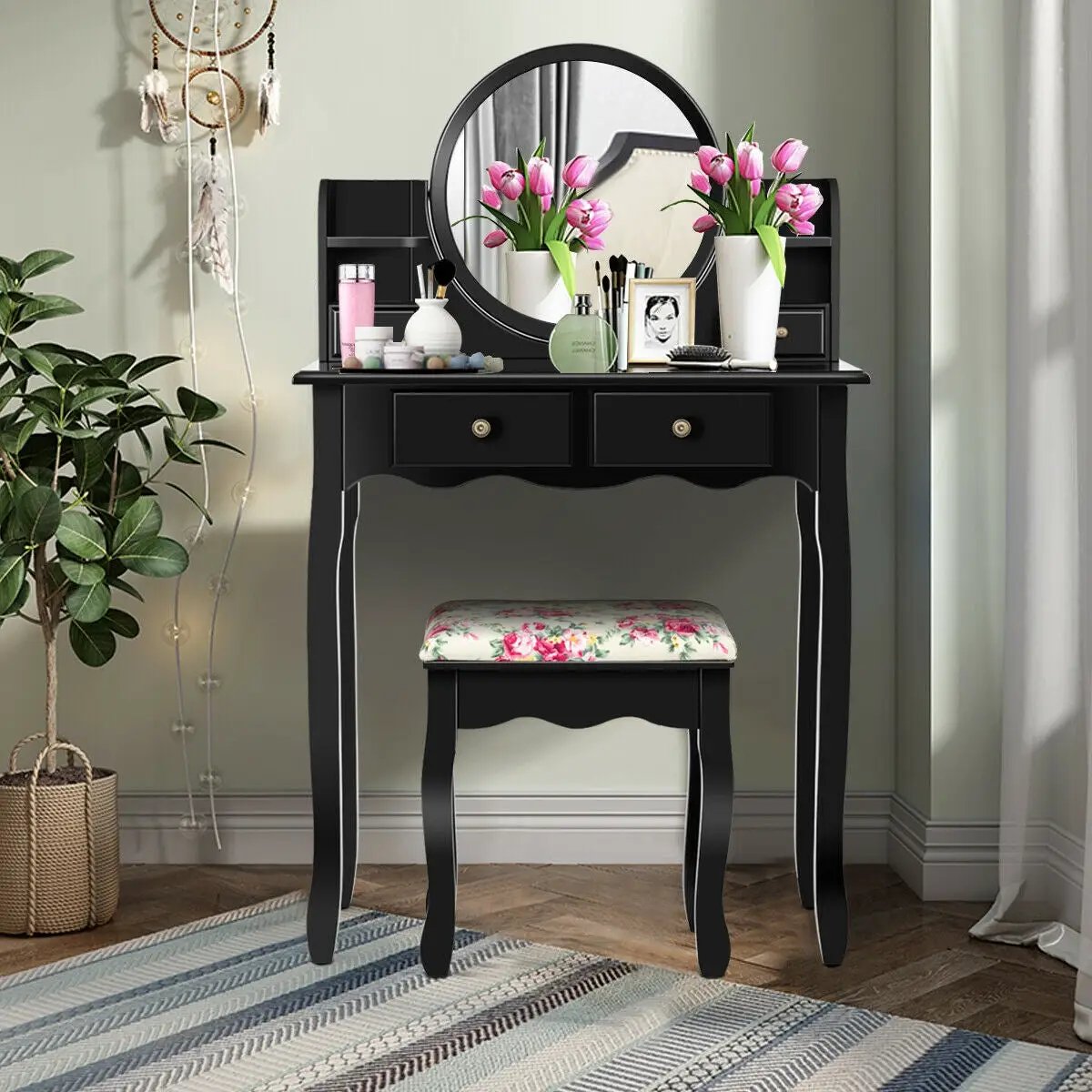 Makeup Vanity Table Set Girls Dressing Table with Drawers Oval Mirror by DirectDeals