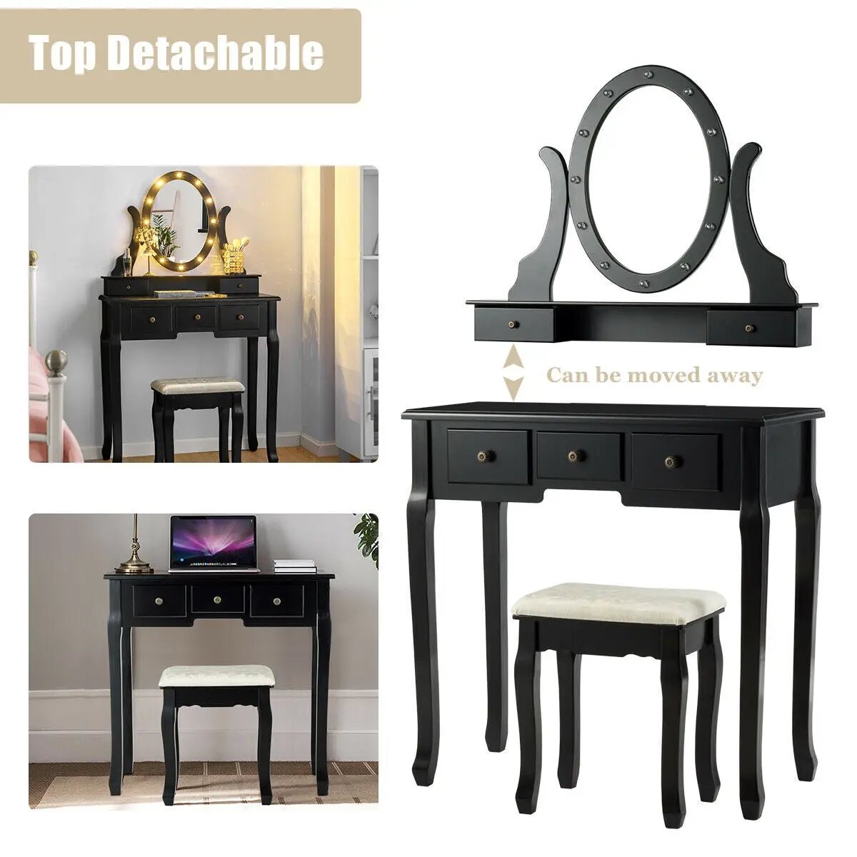 5 Drawers Vanity Table Stool Set with 12-LED Bulbs by DirectDeals