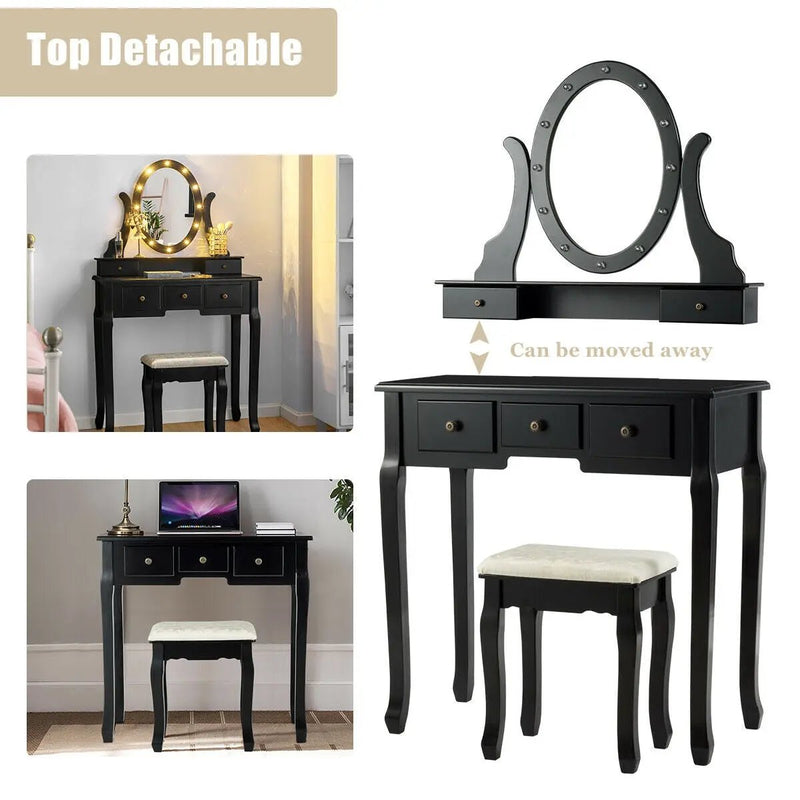 5 Drawers Vanity Table Stool Set with 12-LED Bulbs by DirectDeals
