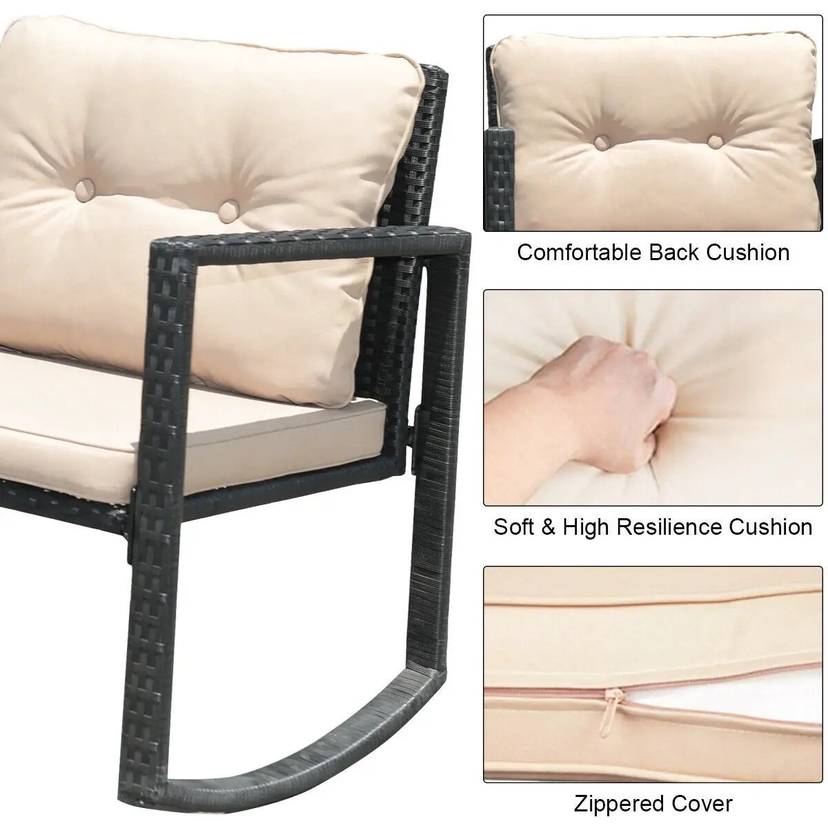 3 Pieces Cushioned Patio Rattan Set with Rocking Chair and Table-Black by DirectDeals
