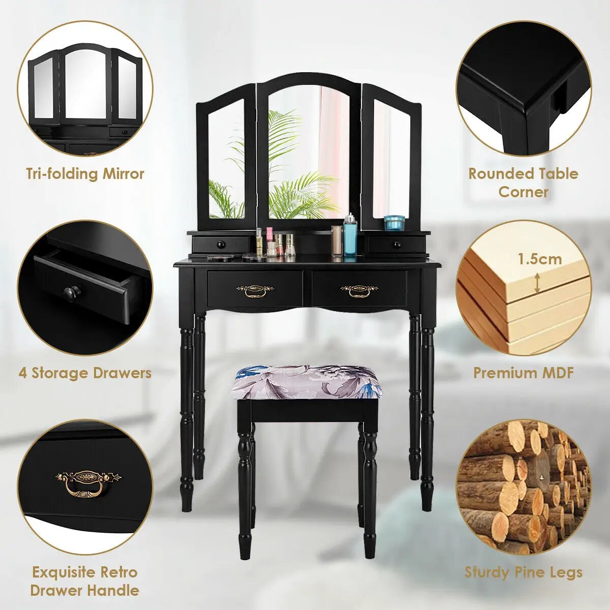 Simple Vanity Set with Tri-Folding Mirror Drawers and Storage Shelf by DirectDeals