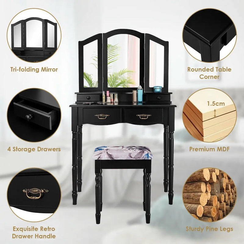 Simple Vanity Set with Tri-Folding Mirror Drawers and Storage Shelf by DirectDeals