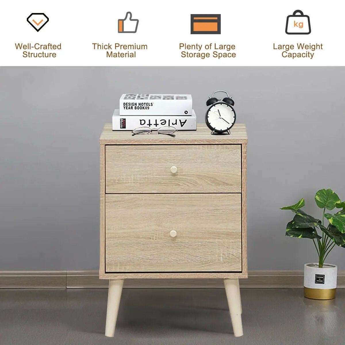 2-Drawer Nightstand Beside End Side Table with Rubber Legs by DirectDeals