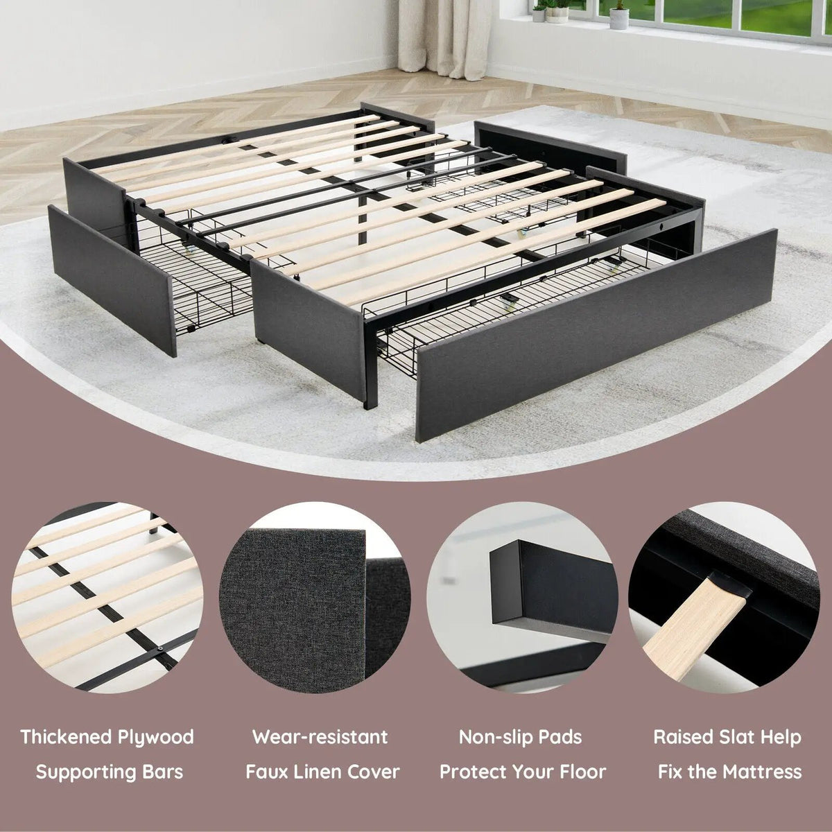 Upholstered Platform Bed Frame with 3 Storage Drawers by DirectDeals
