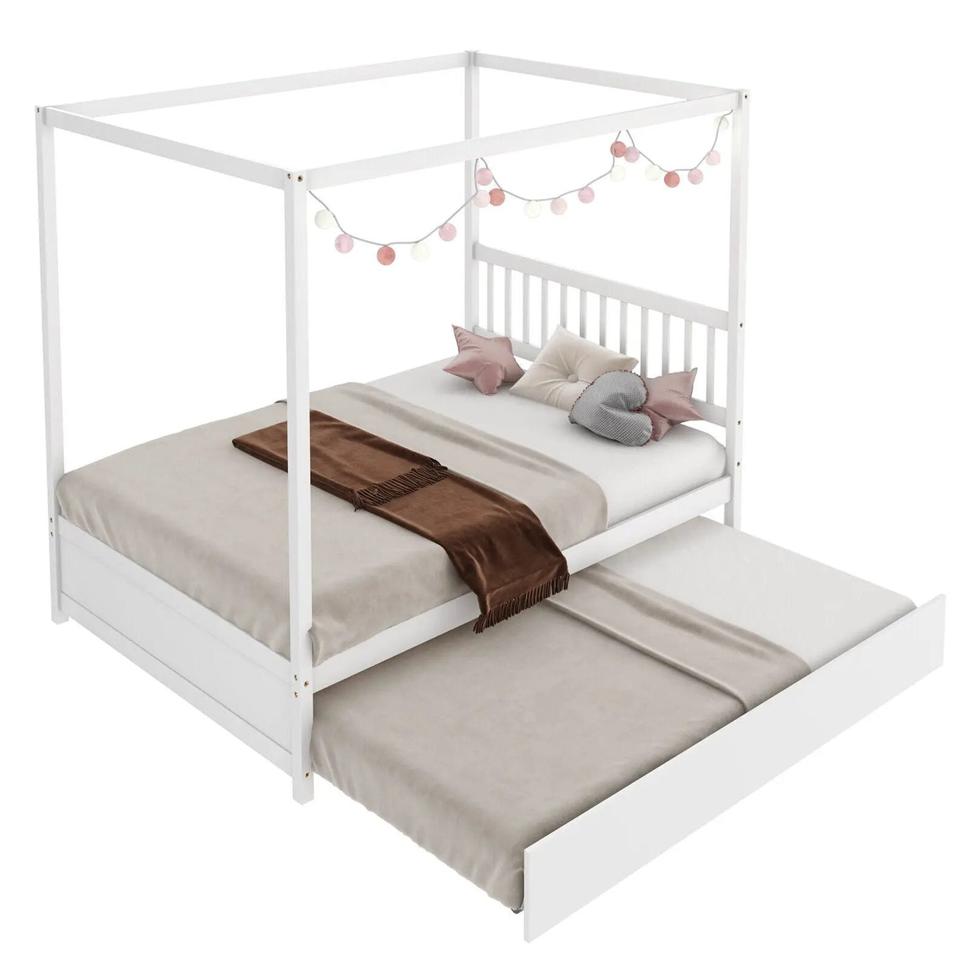 Full Size Canopy Bed with Trundle Wooden Platform Bed Frame Headboard by DirectDeals