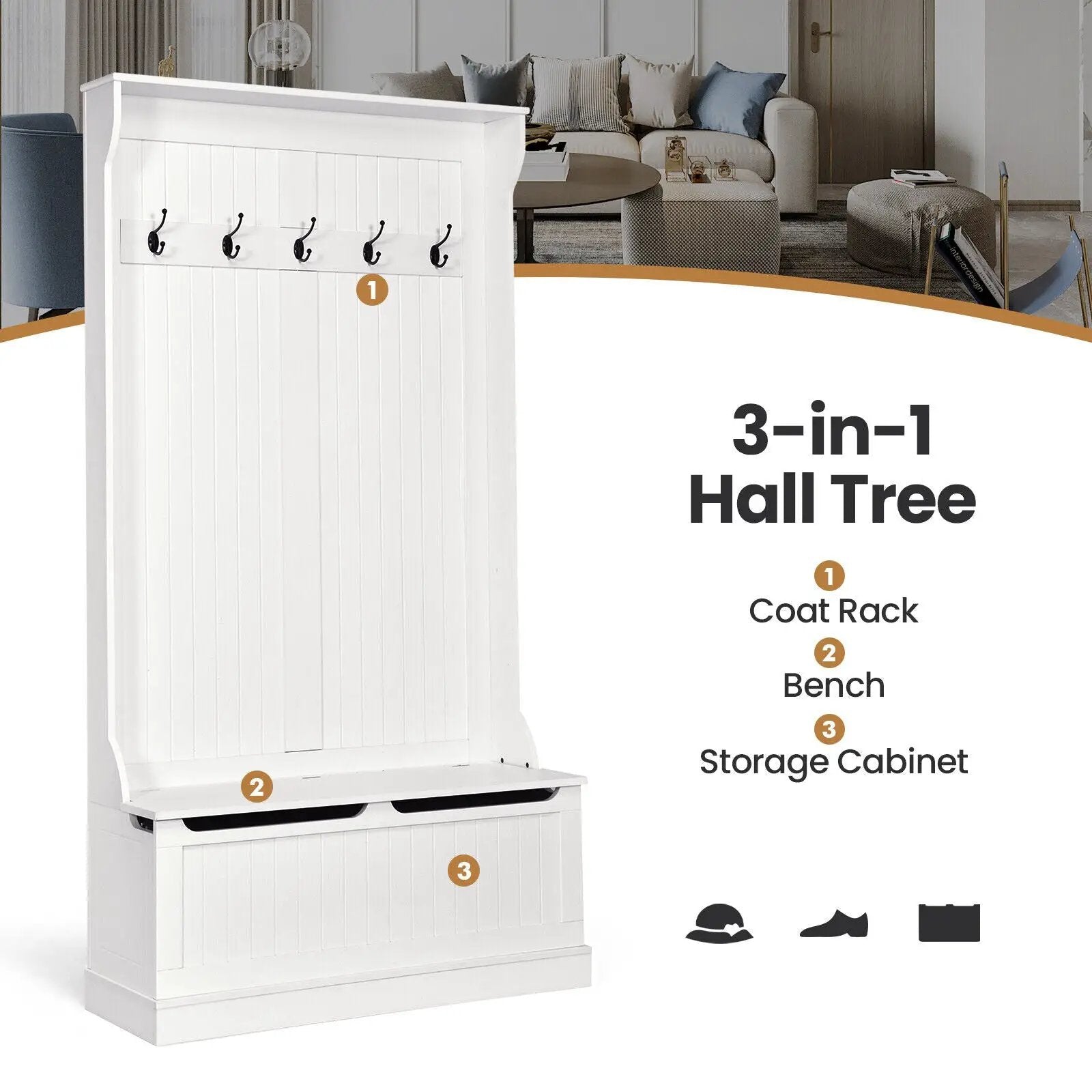 3-in-1 Entryway Hall Tree Coat Rack Shoe Bench with Hooks and Bottom Storage-White by DirectDeals