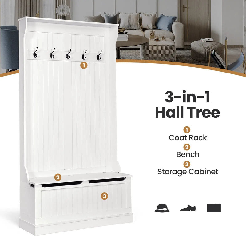 3-in-1 Entryway Hall Tree Coat Rack Shoe Bench with Hooks and Bottom Storage-White by DirectDeals