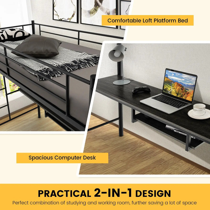 Twin Size Loft Bunk Bed with Desk Storage Shelf and Full Length Ladders-Black by DirectDeals