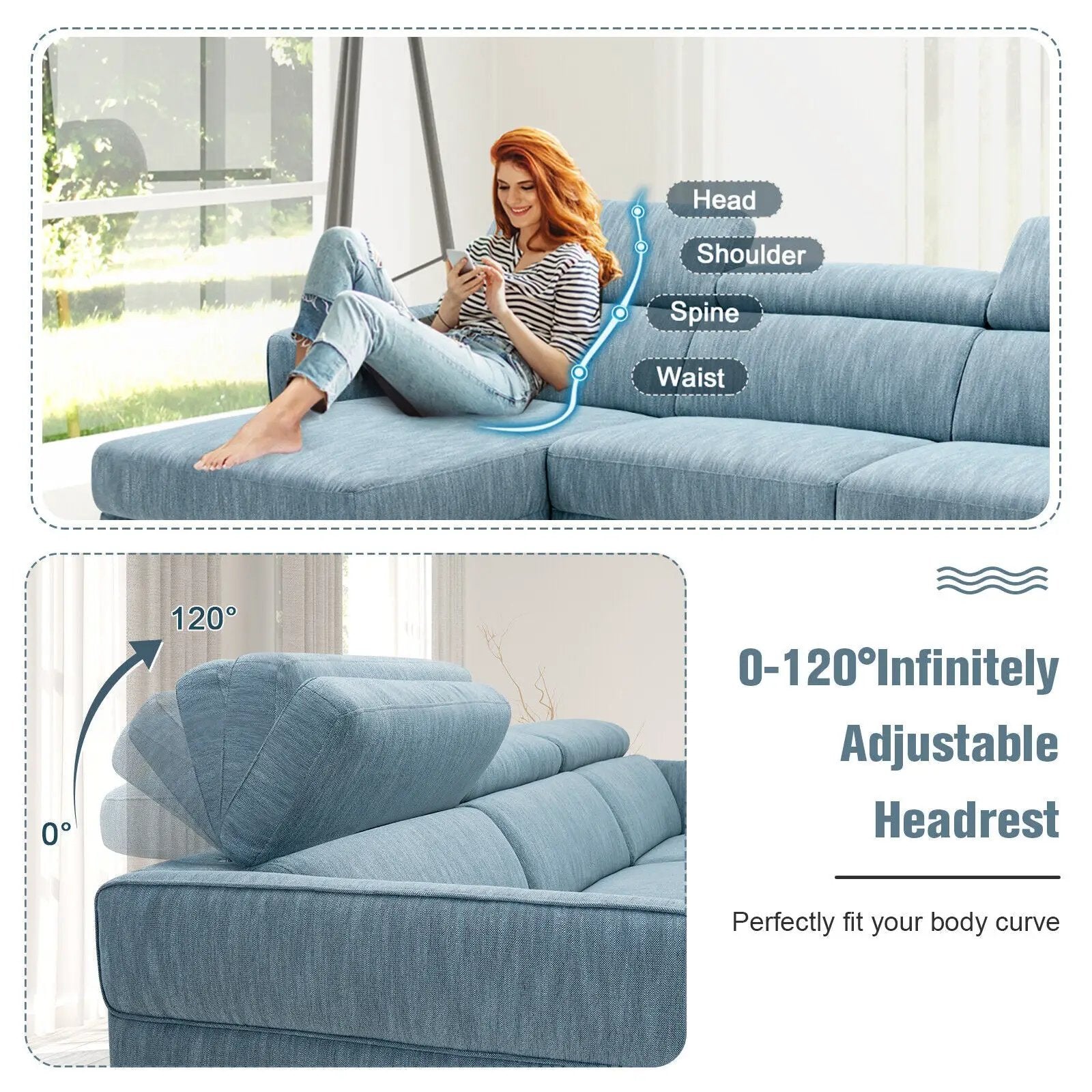 105 Inch L-Shaped Sofa Couch with 3 Adjustable Headrests-Blue by DirectDeals