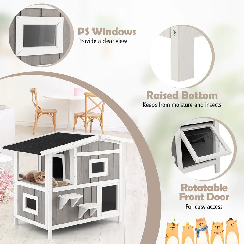 Outdoor 2-Story Wooden Feral Cat House with Escape Door-Gray by DirectDeals