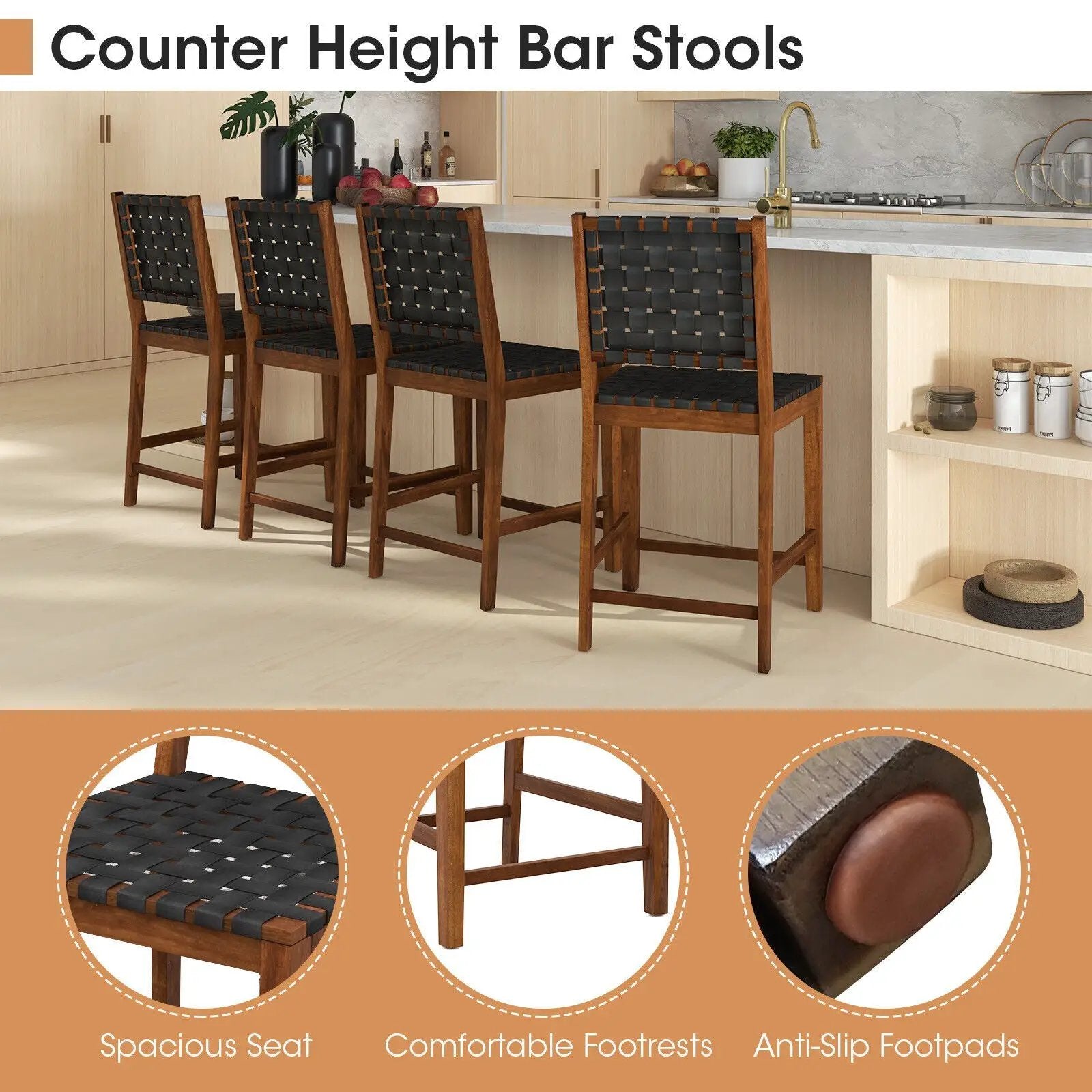 Set of 2 Woven Bar Stools with Faux PU Leather Straps-Black by DirectDeals