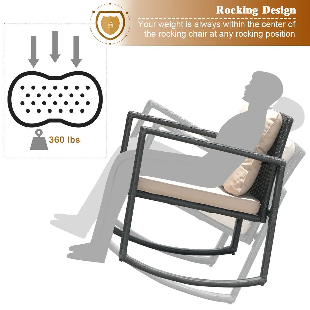 3 Pieces Cushioned Patio Rattan Set with Rocking Chair and Table-Black by DirectDeals