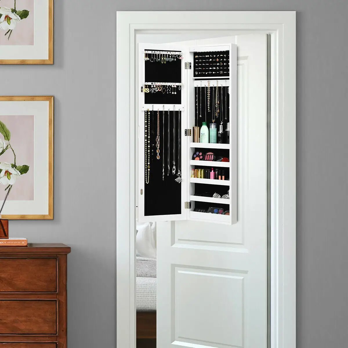 Wall And Door Mirrored Jewelry Cabinet With LED Light by DirectDeals