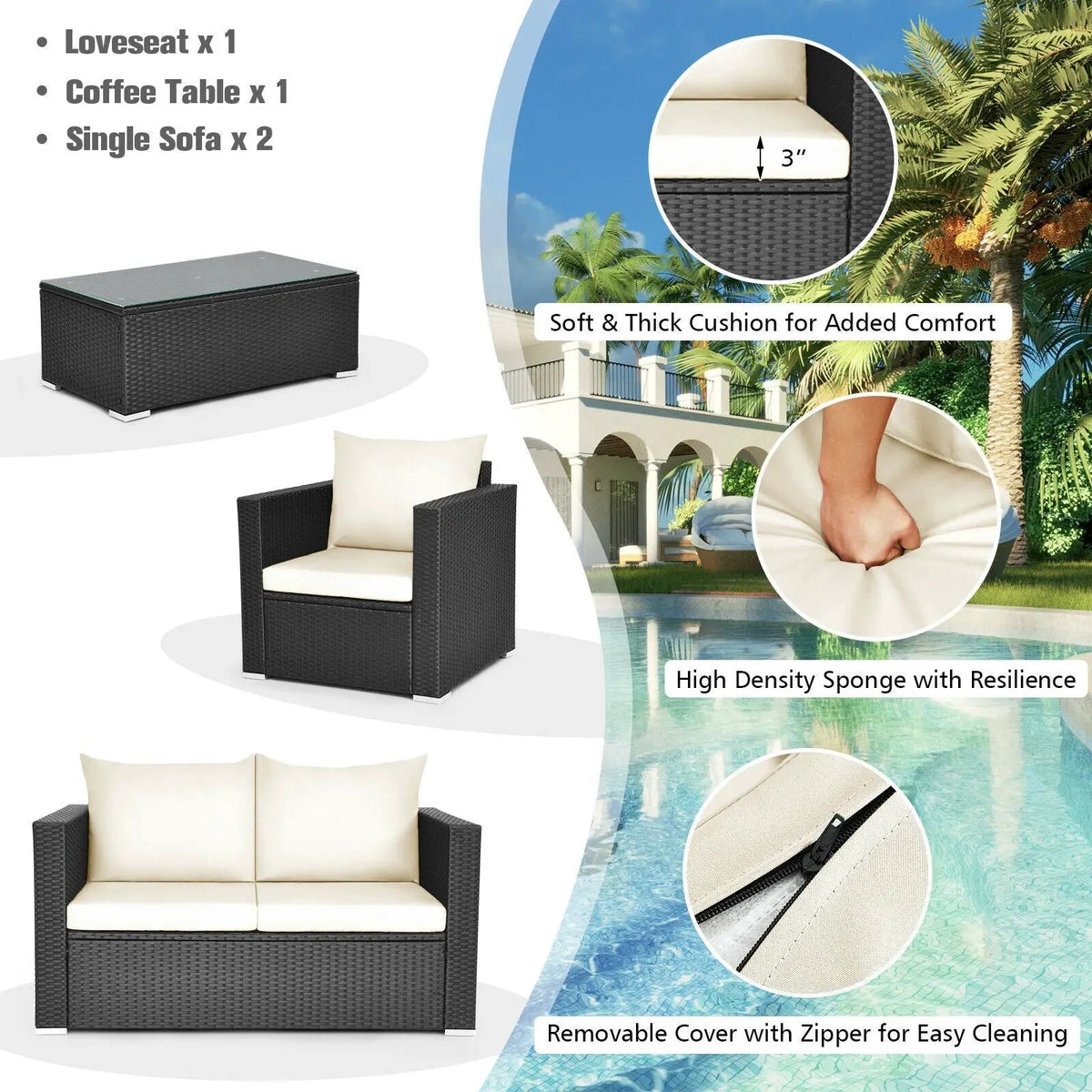 4 Pieces Patio Rattan Conversation Set with Cushions and Coffee Table-Black by DirectDeals