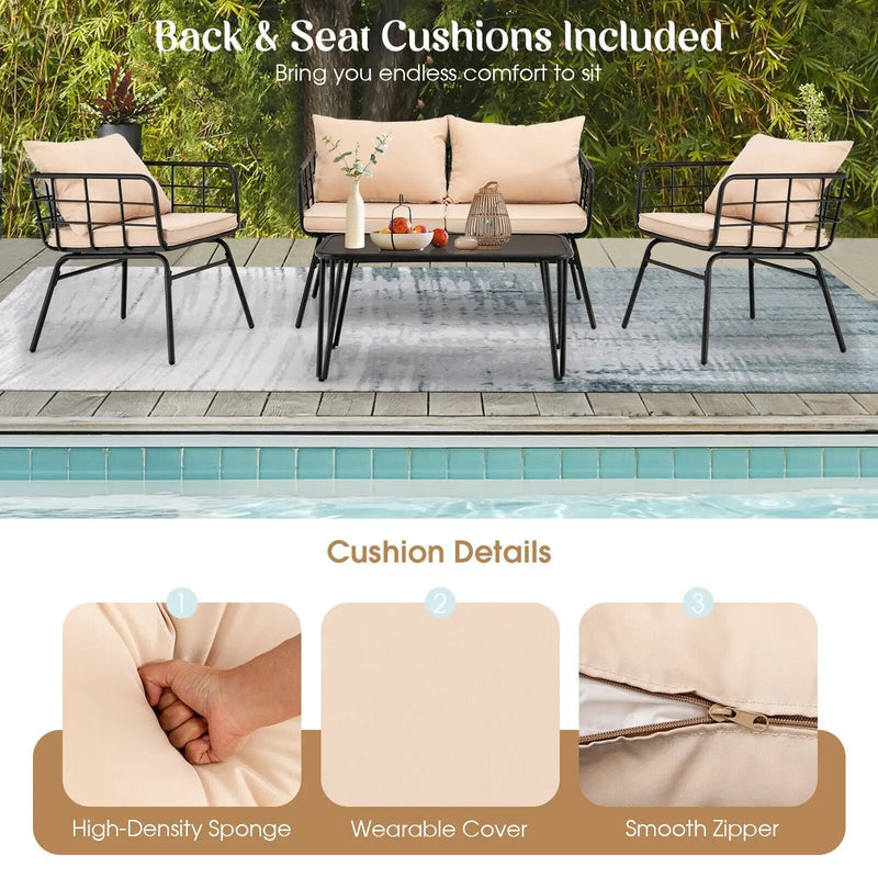 4 Pieces Patio Furniture Set with Seat Back Cushions for Garden-Beige by DirectDeals