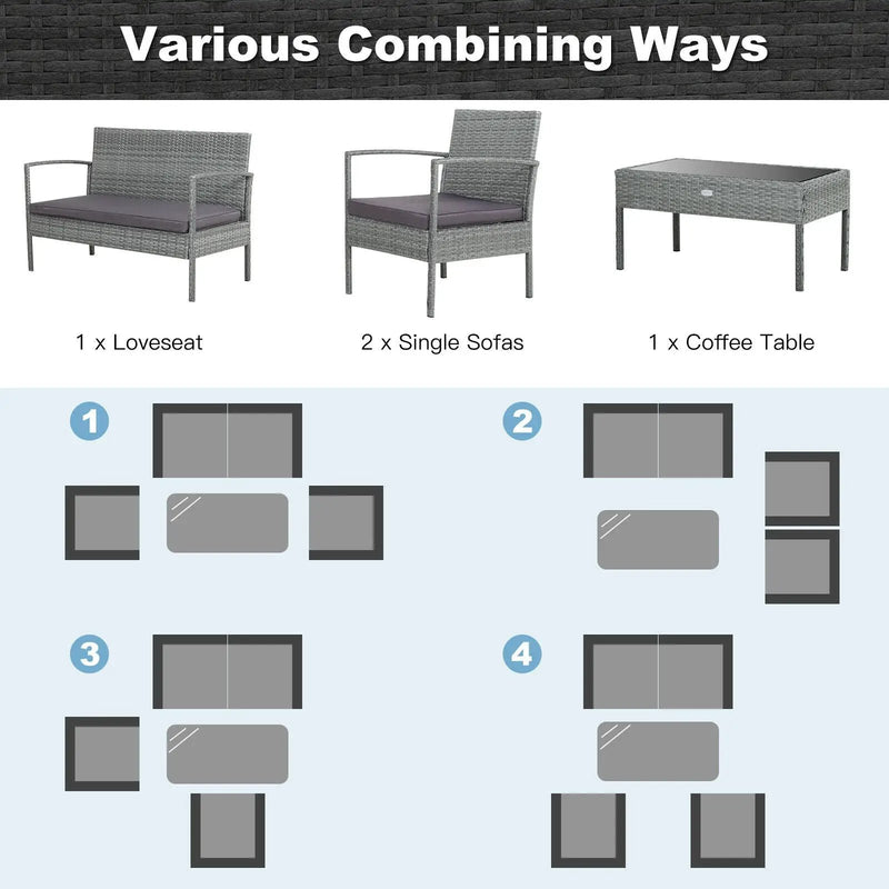 4 Pieces Outdoor Rattan Conversation Set with Comfortable Cushion by DirectDeals