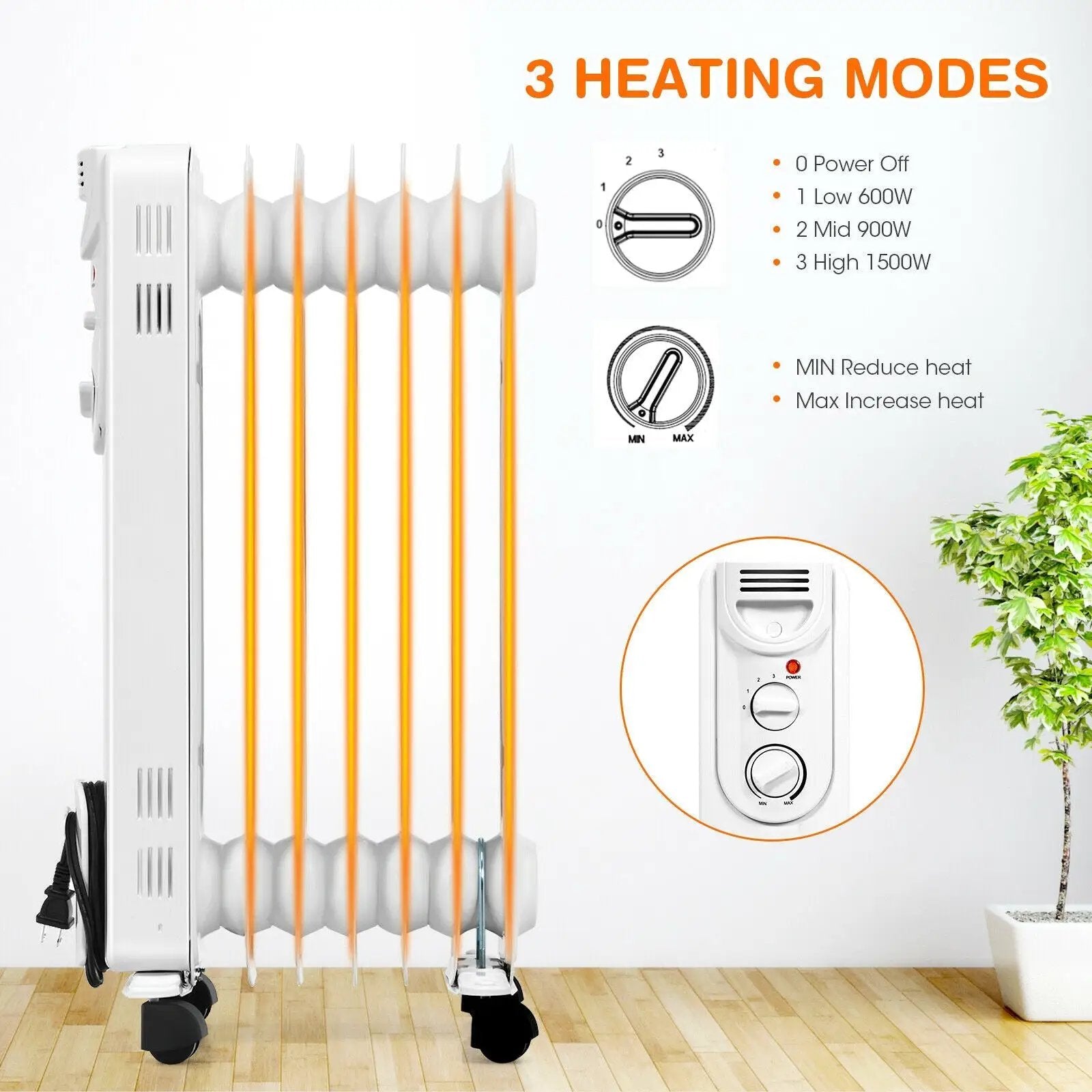 1500W Electric Space Heater with 3 Heat Settings and Safe Protection by DirectDeals