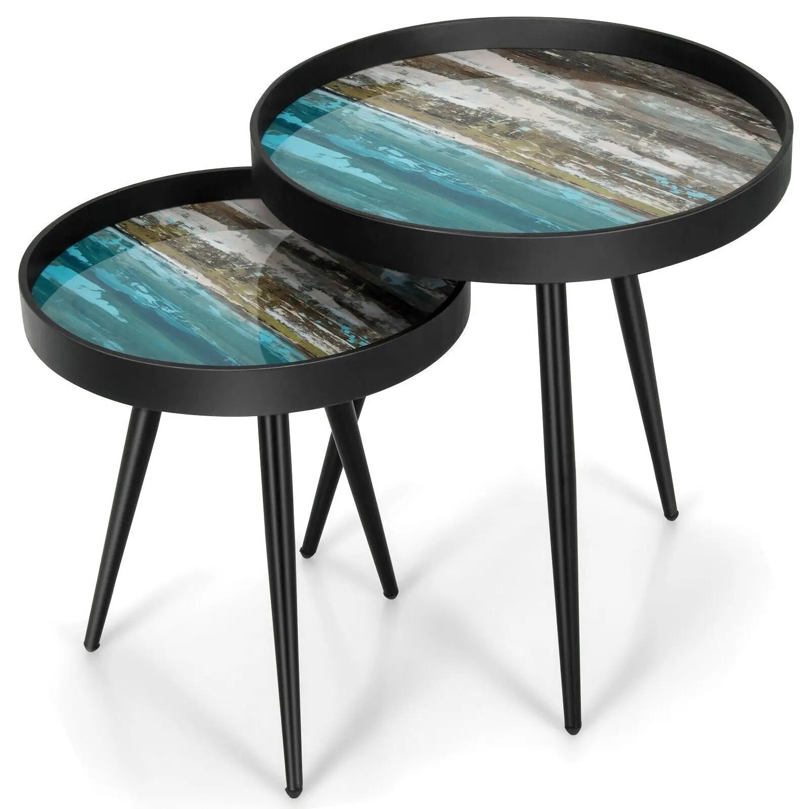 Set of 2 Stylish Nesting End Tables with Wooden Tray Top and Steel Legs-Black by DirectDeals