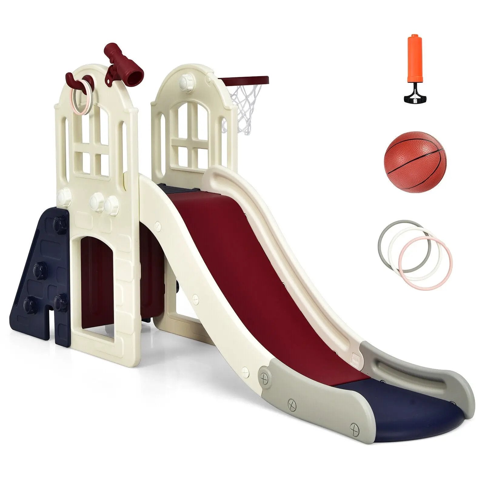 6-In-1 Large Slide for Kids Toddler Climber Slide Playset with Basketball Hoop by DirectDeals