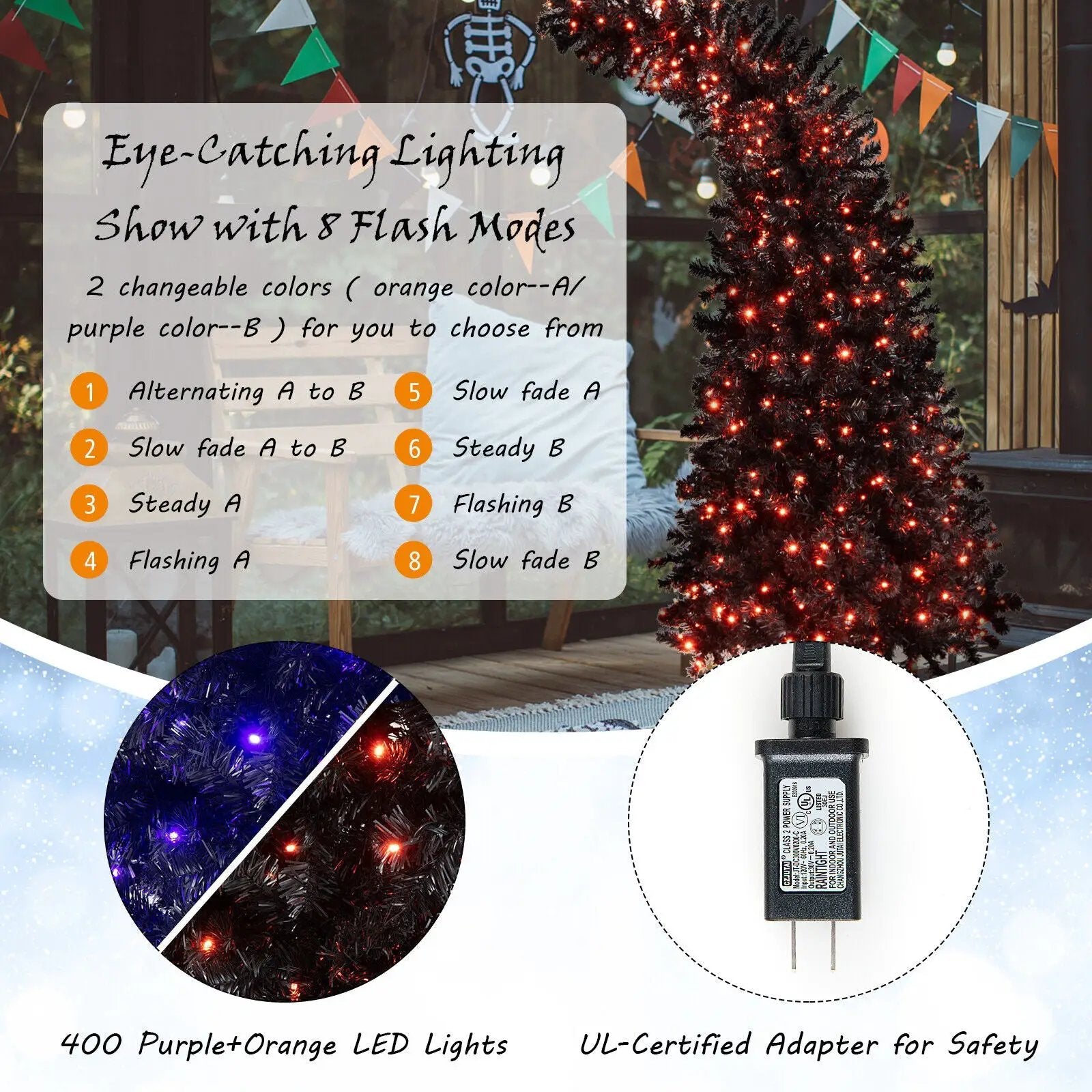 7 Feet Pre-Lit Black Halloween Tree with 8 Flash Modes and 400 Lights by DirectDeals