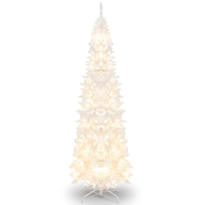 7 Feet Pre-Lit Hinged Pencil Christmas Tree White with 300 LED Lights and 8 Flash Modes by DirectDeals