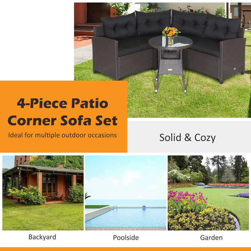 4 Pieces Patio Rattan Furniture Set Cushioned Sofa Glass Table by DirectDeals