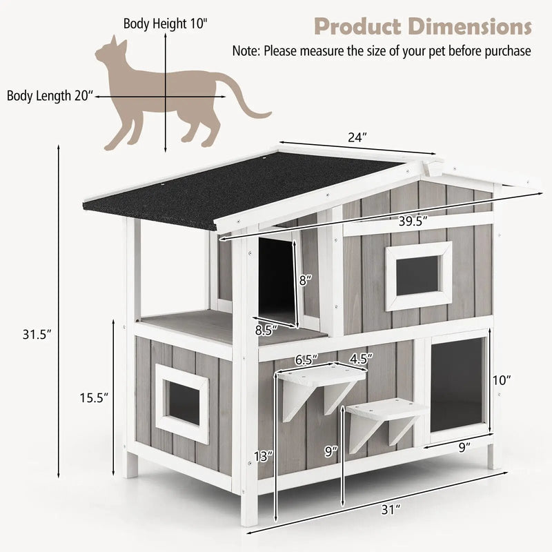 Outdoor 2-Story Wooden Feral Cat House with Escape Door-Gray by DirectDeals
