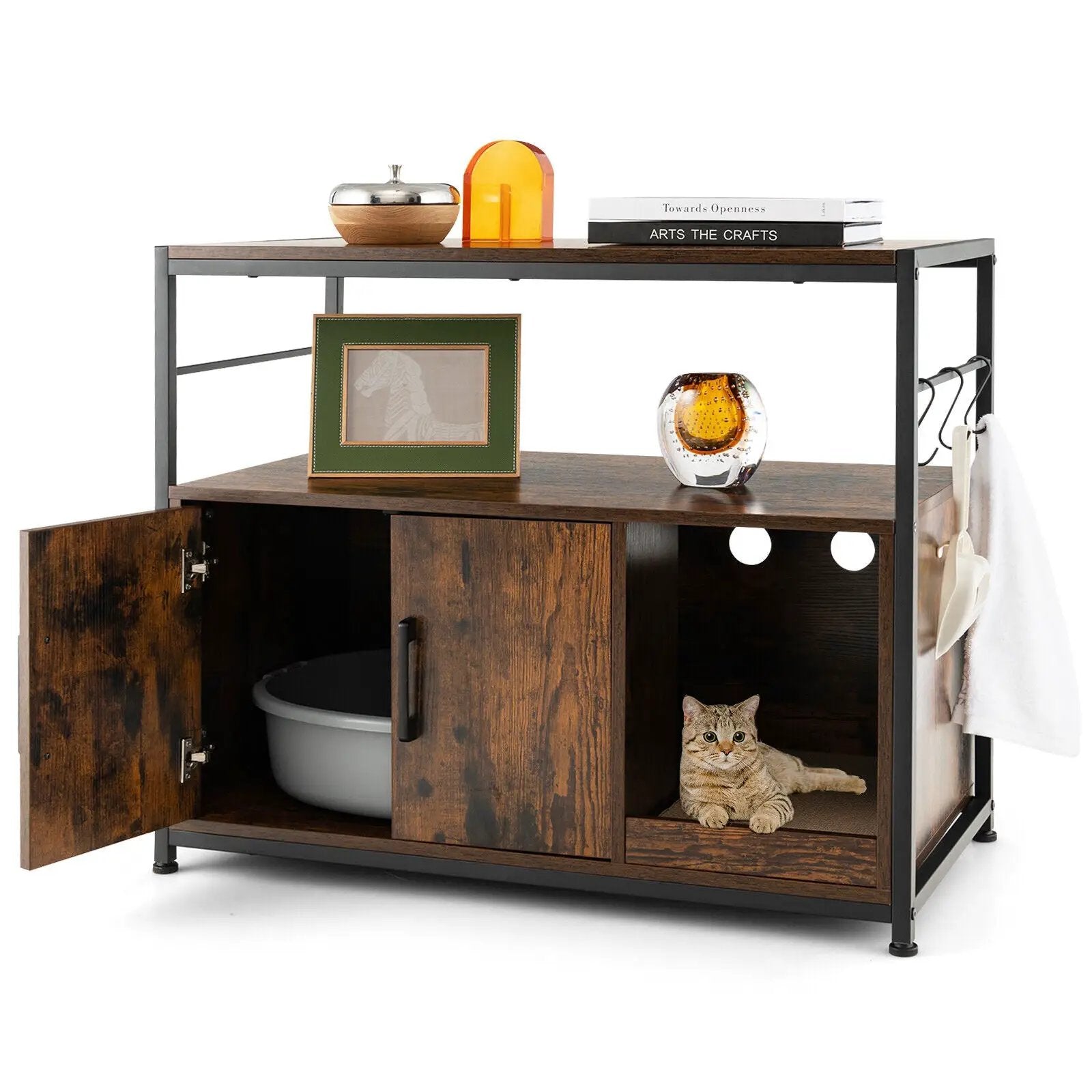 Wooden Cat Box Cabinet with with Metal Frame and Scratching Pad-Rustic Brown by DirectDeals