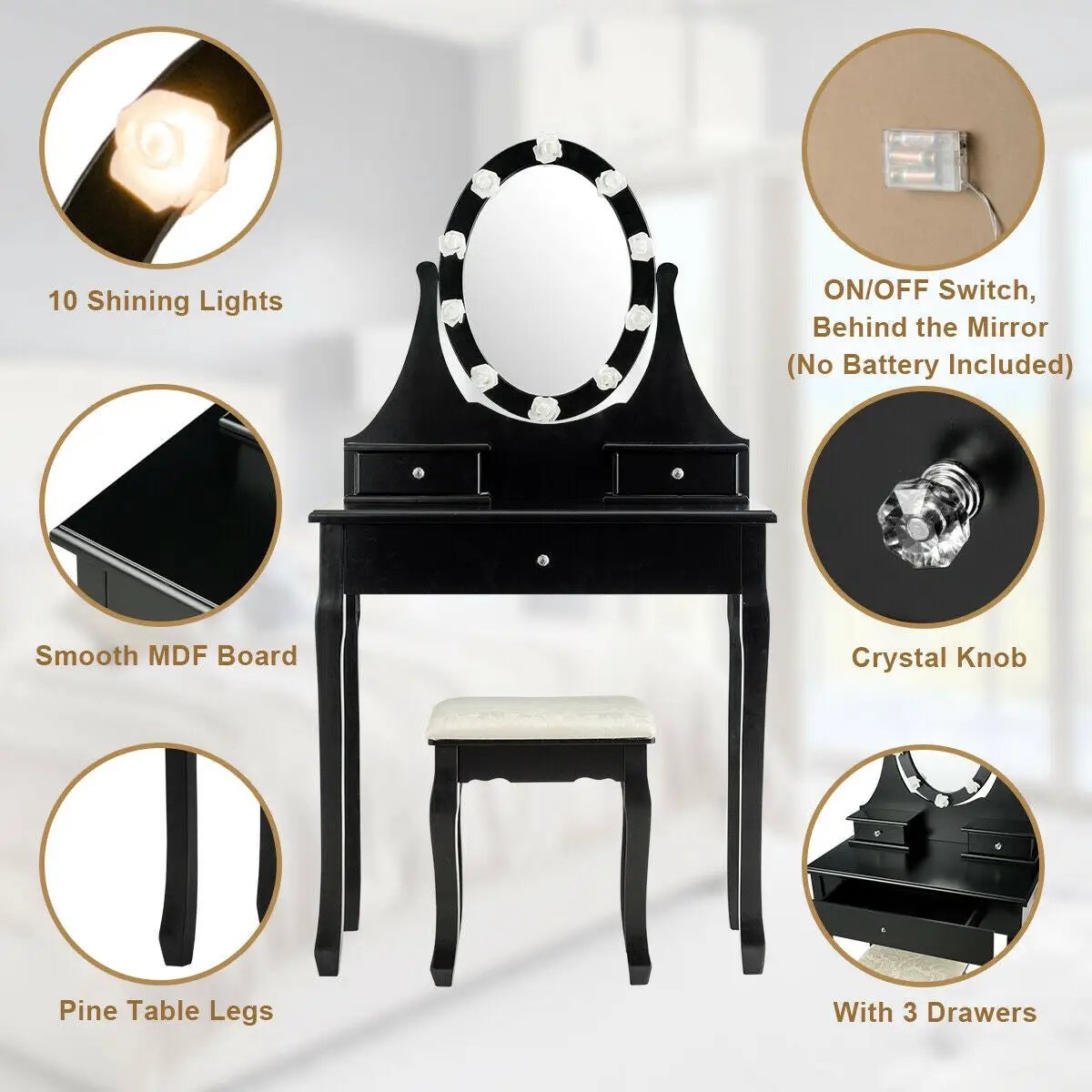 3 Drawers Lighted Mirror Vanity Dressing Table Stool Set by DirectDeals