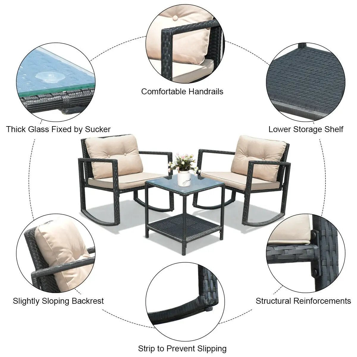 3 Pieces Cushioned Patio Rattan Set with Rocking Chair and Table-Black by DirectDeals