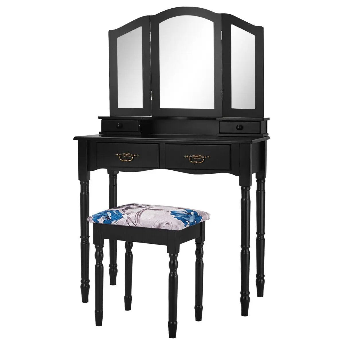 Simple Vanity Set with Tri-Folding Mirror Drawers and Storage Shelf by DirectDeals
