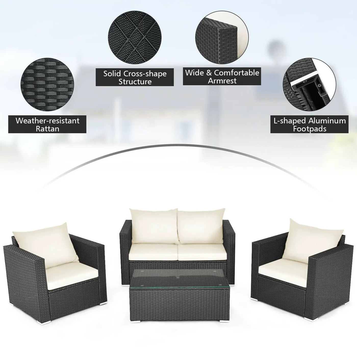 4 Pieces Patio Rattan Conversation Set with Cushions and Coffee Table-Black by DirectDeals