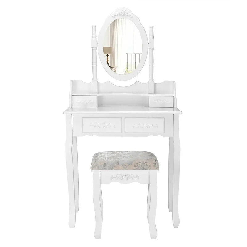 Vanity Table Set with Oval Mirror and 4 Drawers-White by DirectDeals