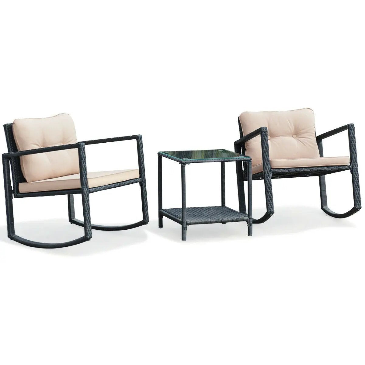 3 Pieces Cushioned Patio Rattan Set with Rocking Chair and Table-Black by DirectDeals