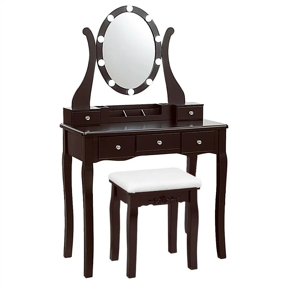 10 Dimmable Lights Vanity Table Set with Lighted Mirror and Cushioned Stool by DirectDeals