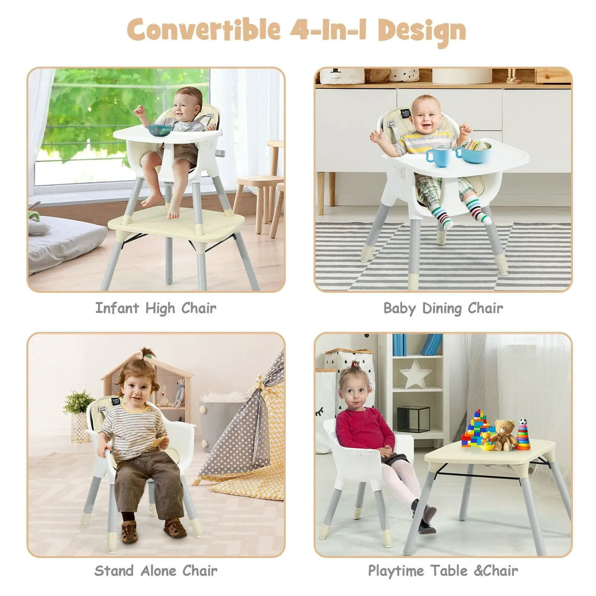 4-in-1 Baby Convertible Toddler Table Chair Set with PU Cushion by DirectDeals
