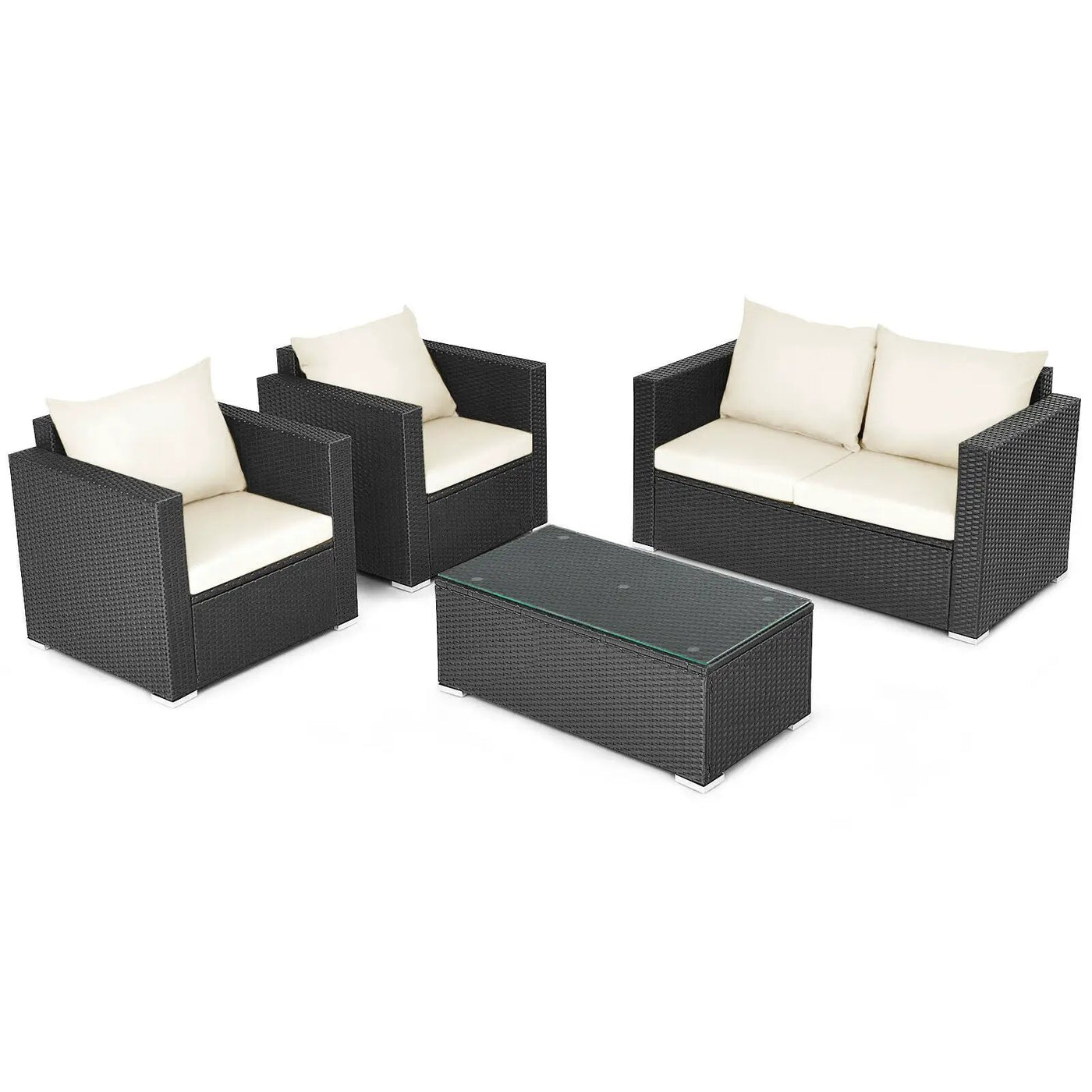 4 Pieces Patio Rattan Conversation Set with Cushions and Coffee Table-Black by DirectDeals
