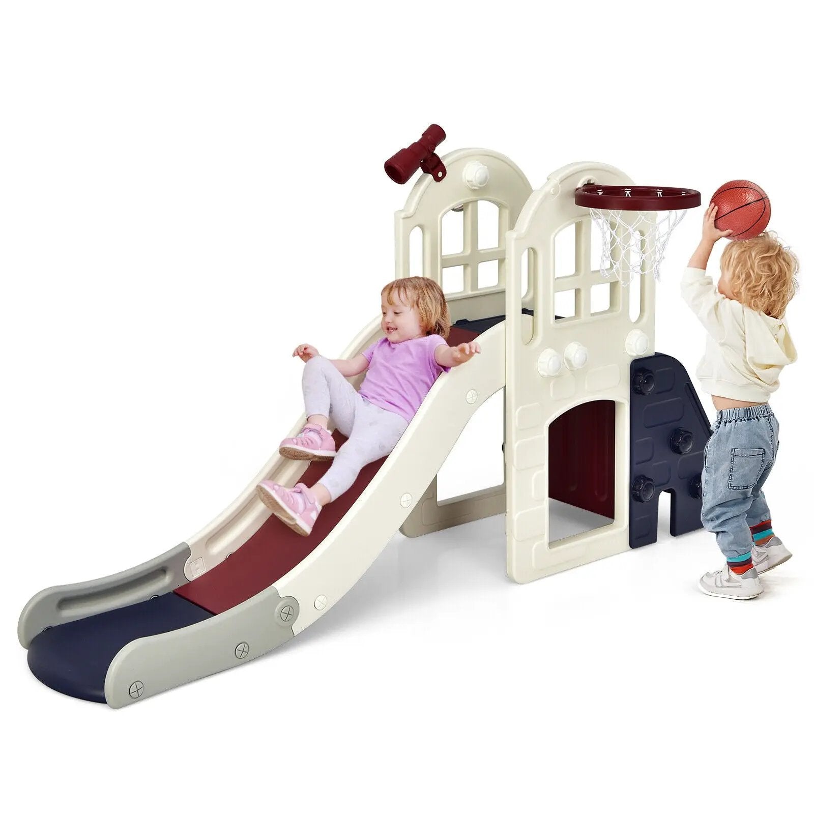 6-In-1 Large Slide for Kids Toddler Climber Slide Playset with Basketball Hoop by DirectDeals
