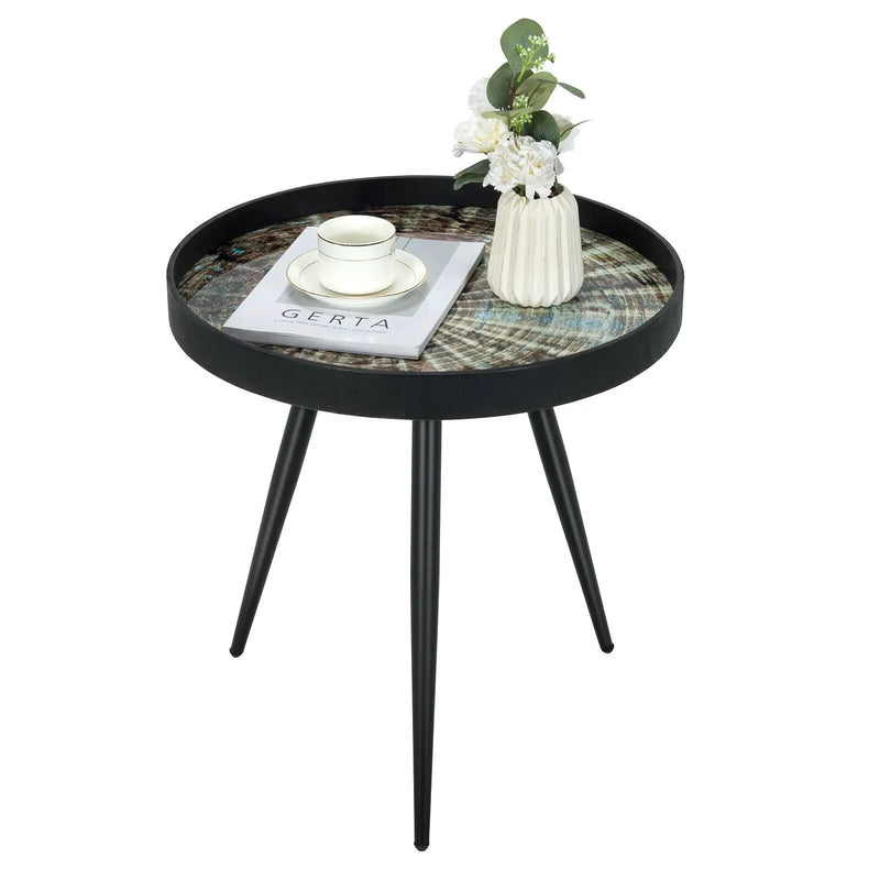 Modern Round End Table with Wooden Tray Top for Living Room Bedroom-Black by DirectDeals